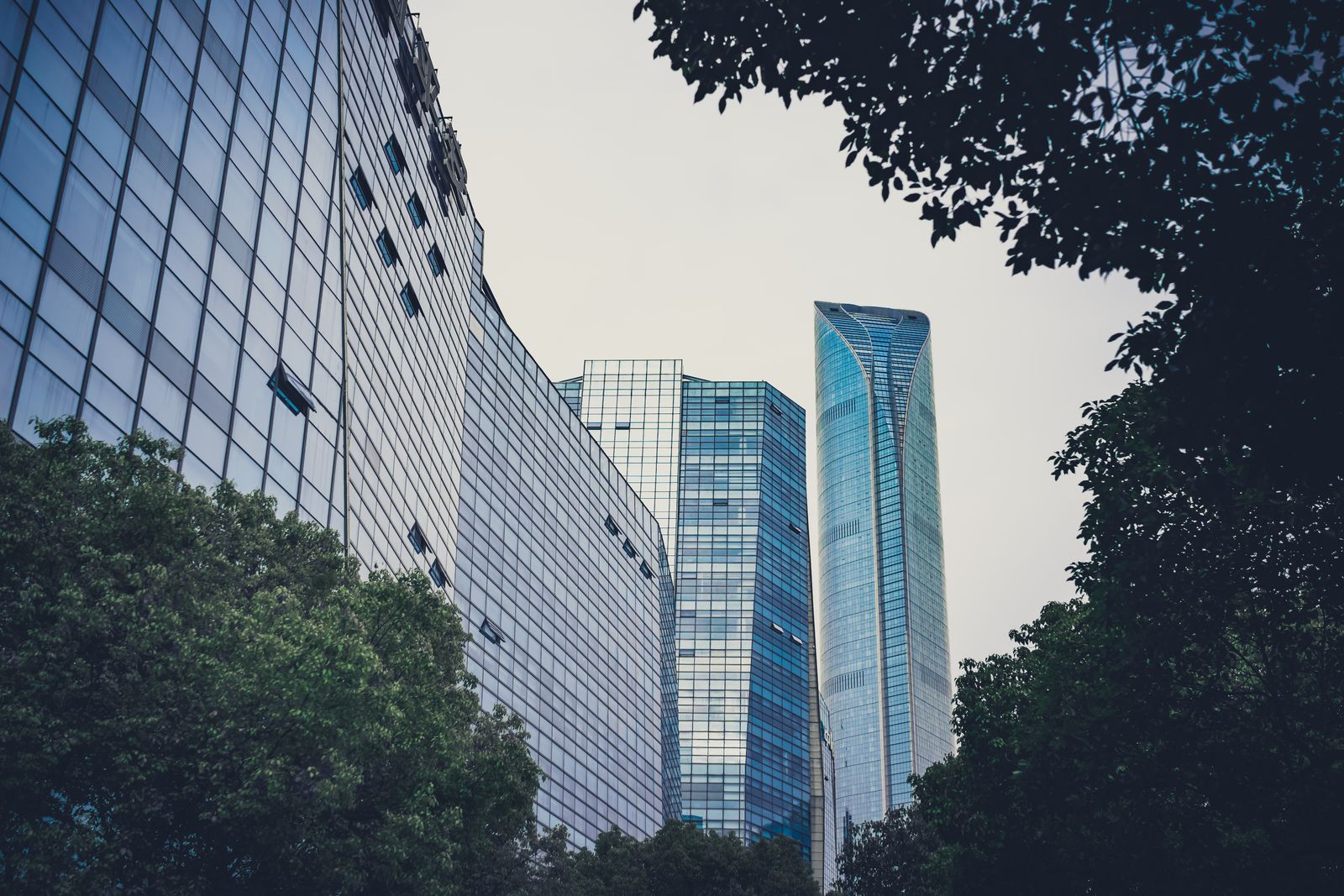 Contemporary city buildings surrounded by greenery.